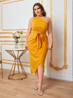 Elegant Plain Wrap Sleeveless One Shoulder Wrap High Waist Long Plus Size Dress