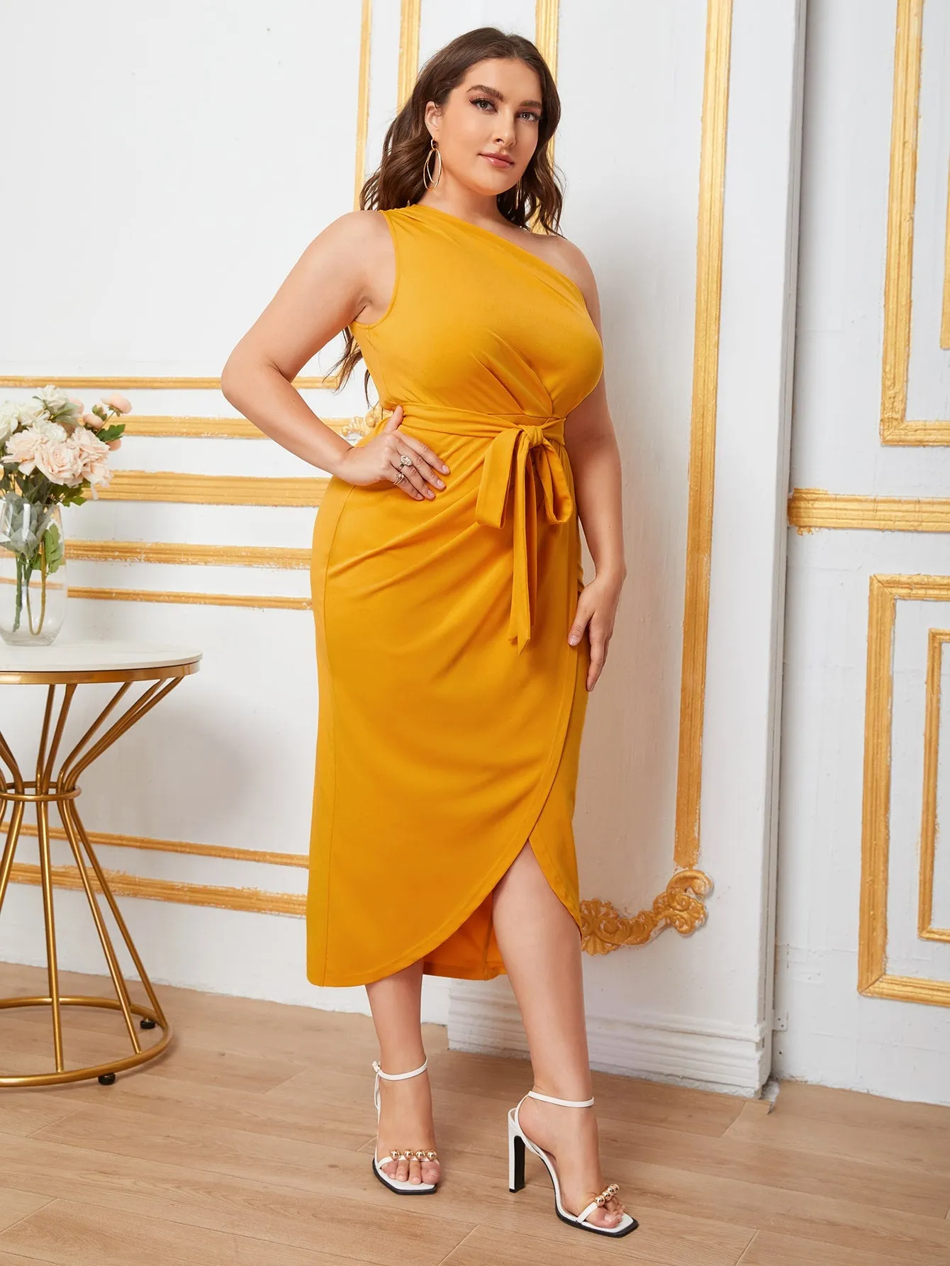 Elegant Plain Wrap Sleeveless One Shoulder Wrap High Waist Long Plus Size Dress