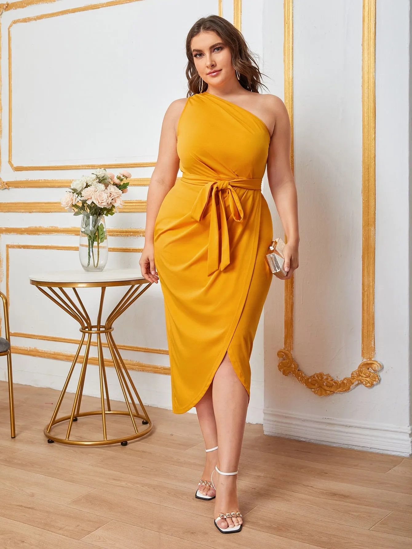 Elegant Plain Wrap Sleeveless One Shoulder Wrap High Waist Long Plus Size Dress