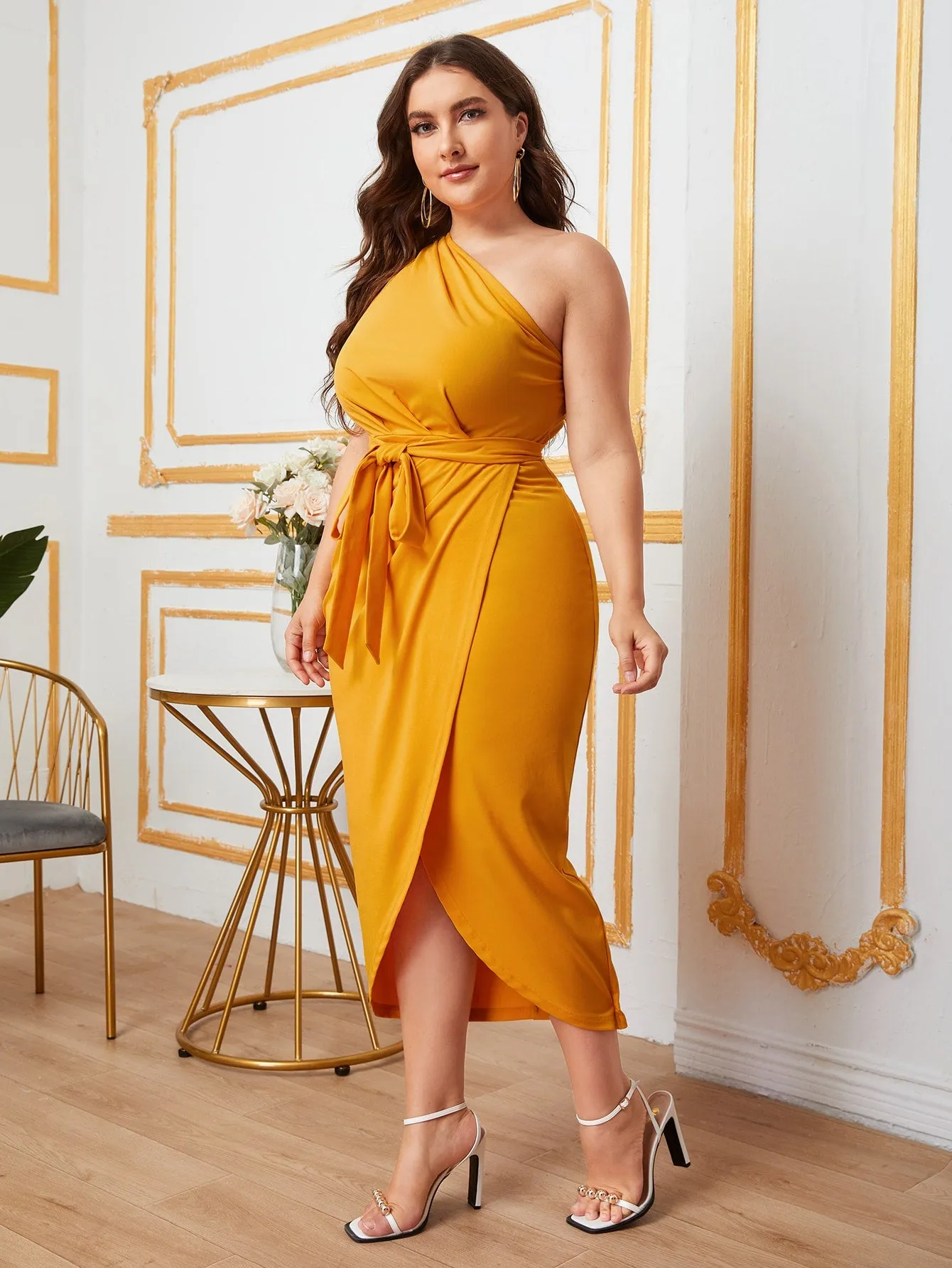 Elegant Plain Wrap Sleeveless One Shoulder Wrap High Waist Long Plus Size Dress