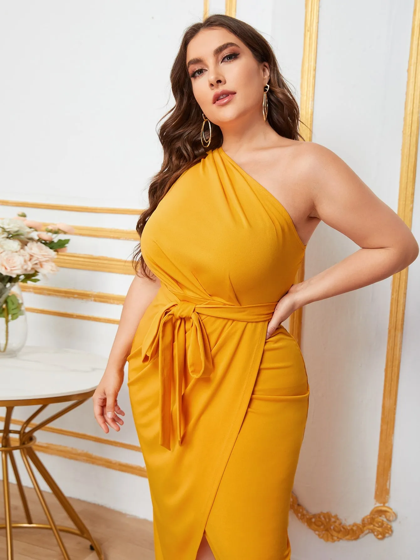 Elegant Plain Wrap Sleeveless One Shoulder Wrap High Waist Long Plus Size Dress