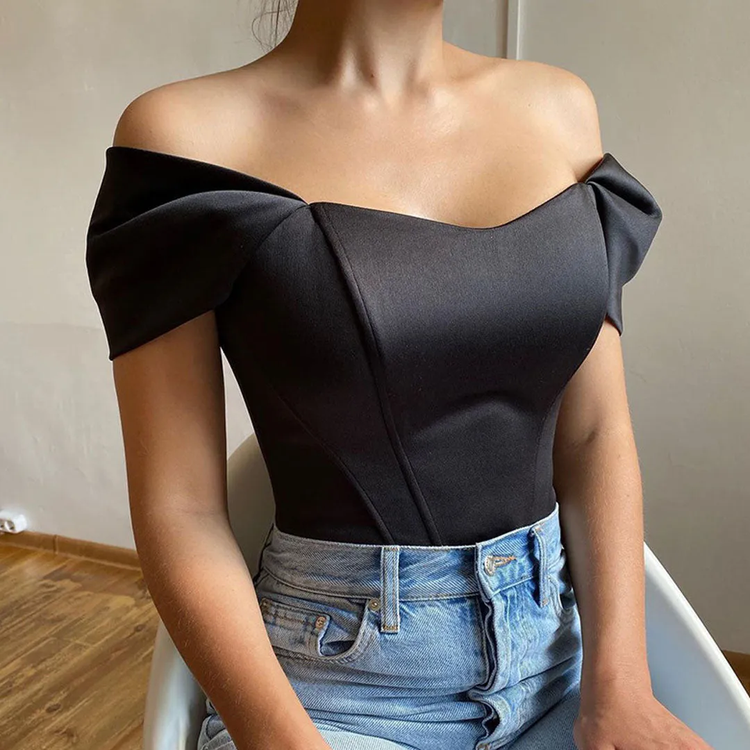 Elegant Solid Off The Shoulder Ruched Short Sleeve Satin Crop Top