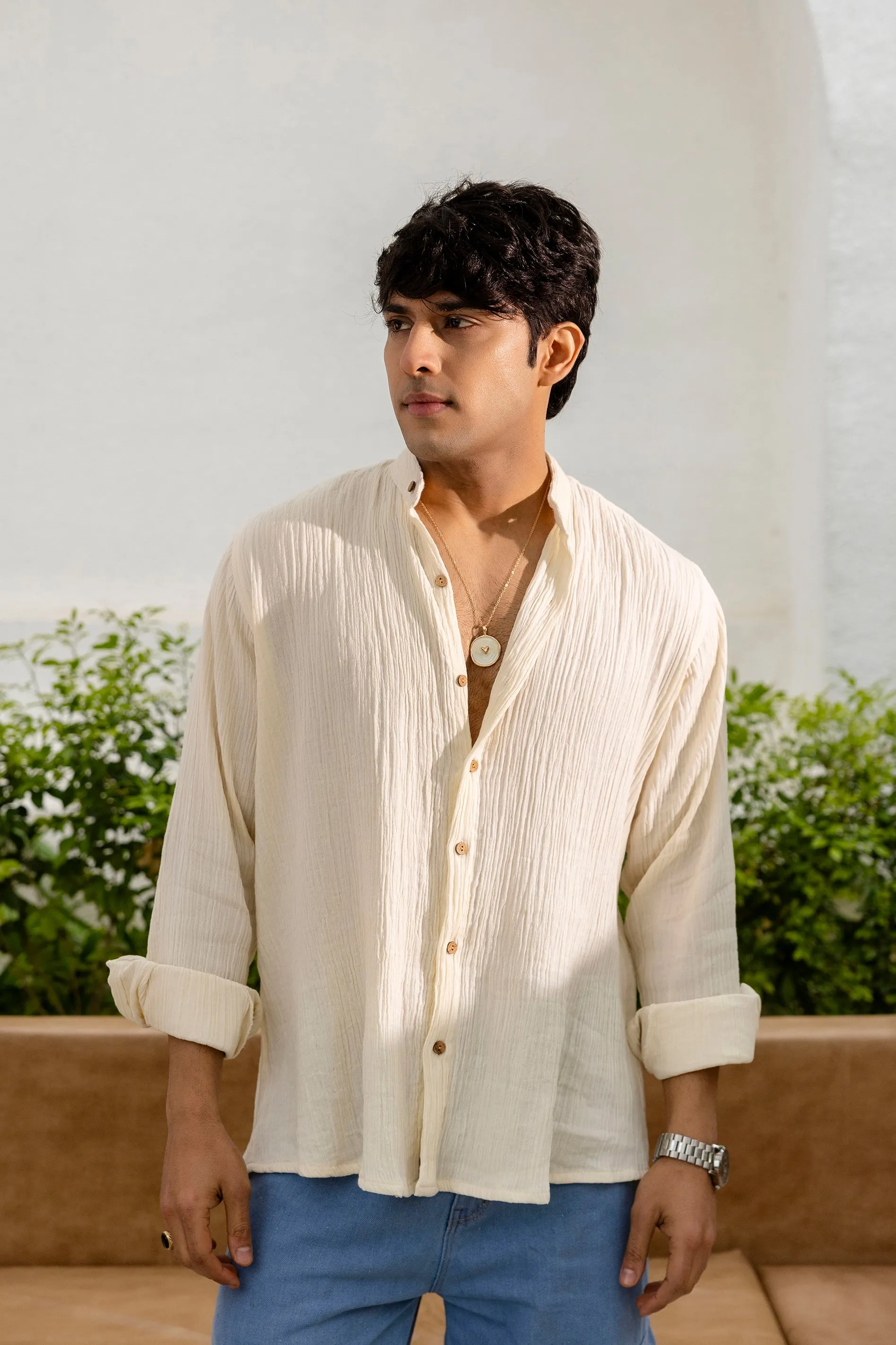 Firangi Yarn Relaxed Fit Solid Cotton Linen Blend Men's Shirt - Off White