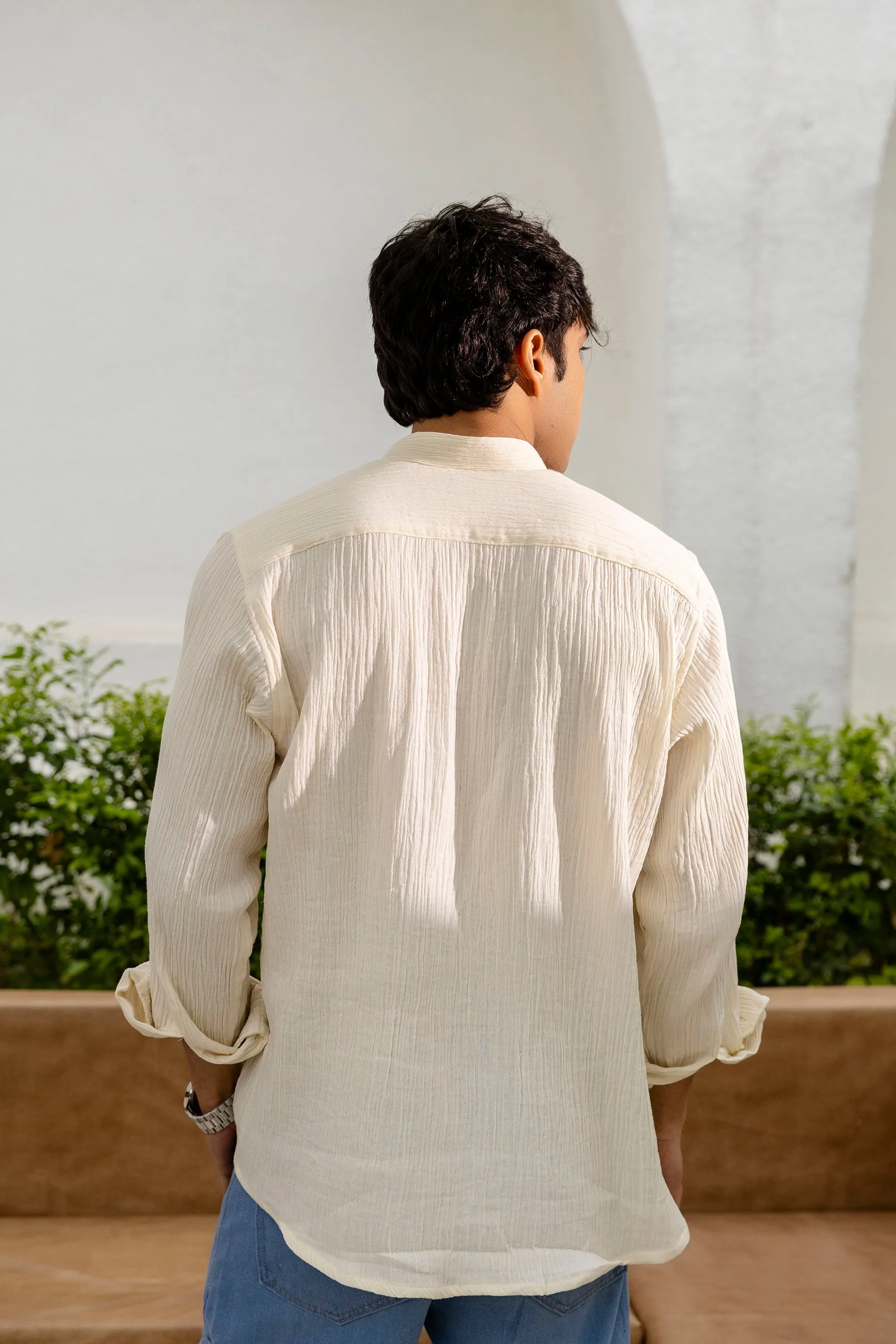 Firangi Yarn Relaxed Fit Solid Cotton Linen Blend Men's Shirt - Off White