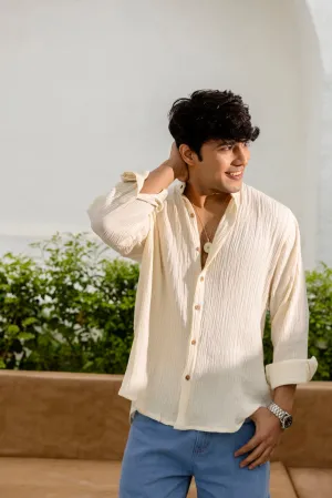 Firangi Yarn Relaxed Fit Solid Cotton Linen Blend Men's Shirt - Off White
