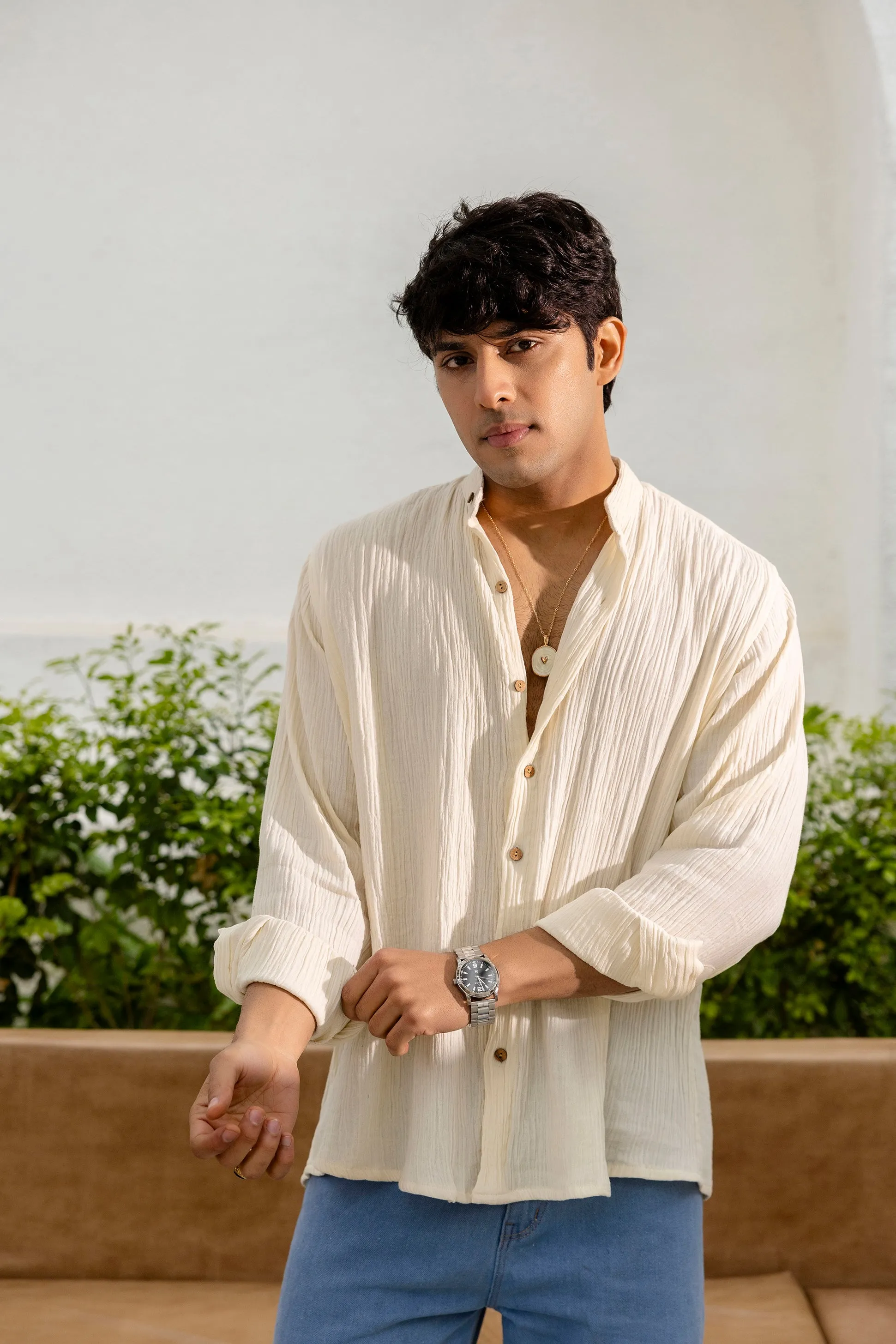 Firangi Yarn Relaxed Fit Solid Cotton Linen Blend Men's Shirt - Off White