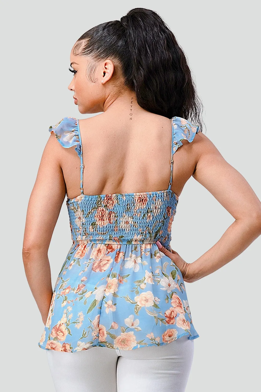 FLORAL KNOT TIE SWEETHEART FLUTTER RUFFLED TOP