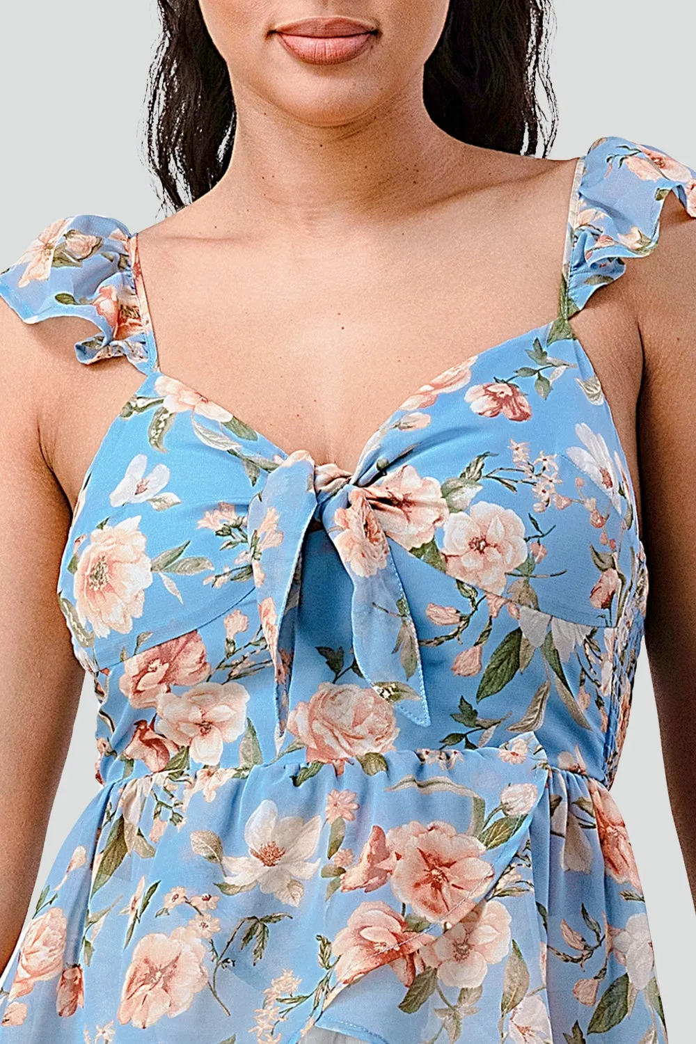 FLORAL KNOT TIE SWEETHEART FLUTTER RUFFLED TOP
