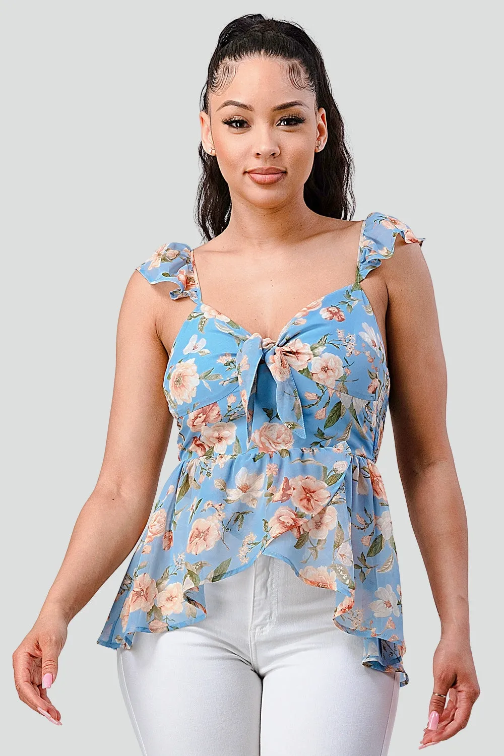 FLORAL KNOT TIE SWEETHEART FLUTTER RUFFLED TOP