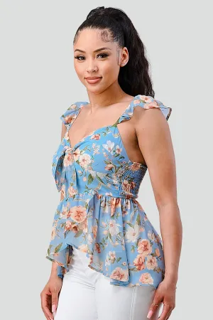 FLORAL KNOT TIE SWEETHEART FLUTTER RUFFLED TOP