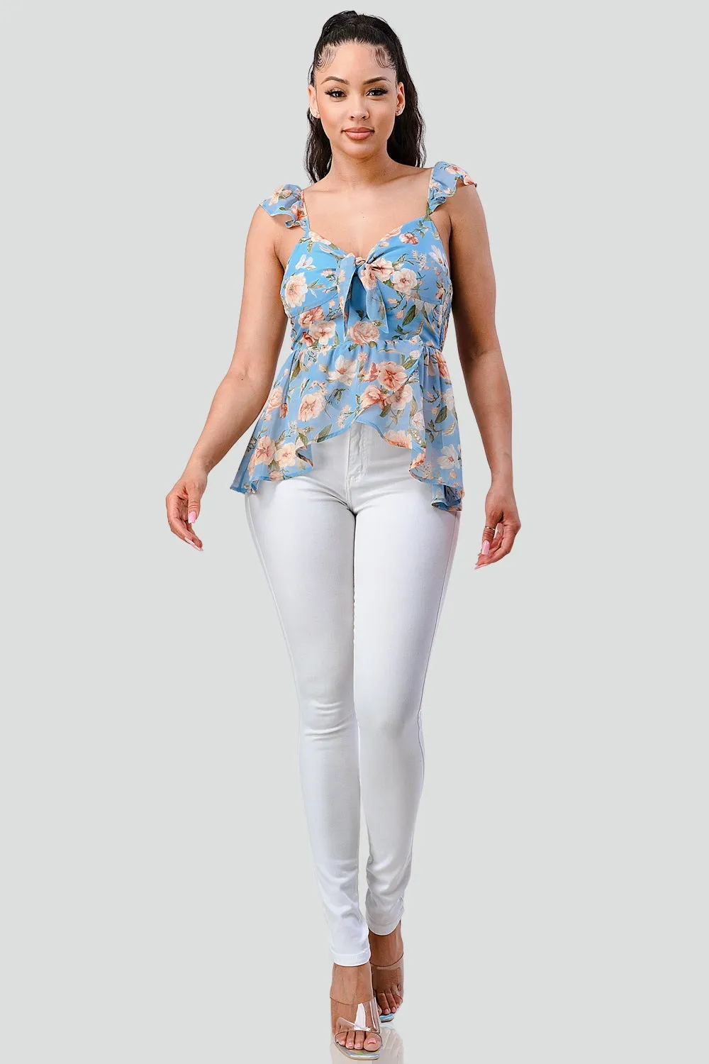 FLORAL KNOT TIE SWEETHEART FLUTTER RUFFLED TOP