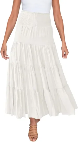 Flowy Maxi Skirt for Women Elastic High Waist Boho Pleated Long Skirts Summer Beach Tiered A-Line Skirts 2025 Trendy