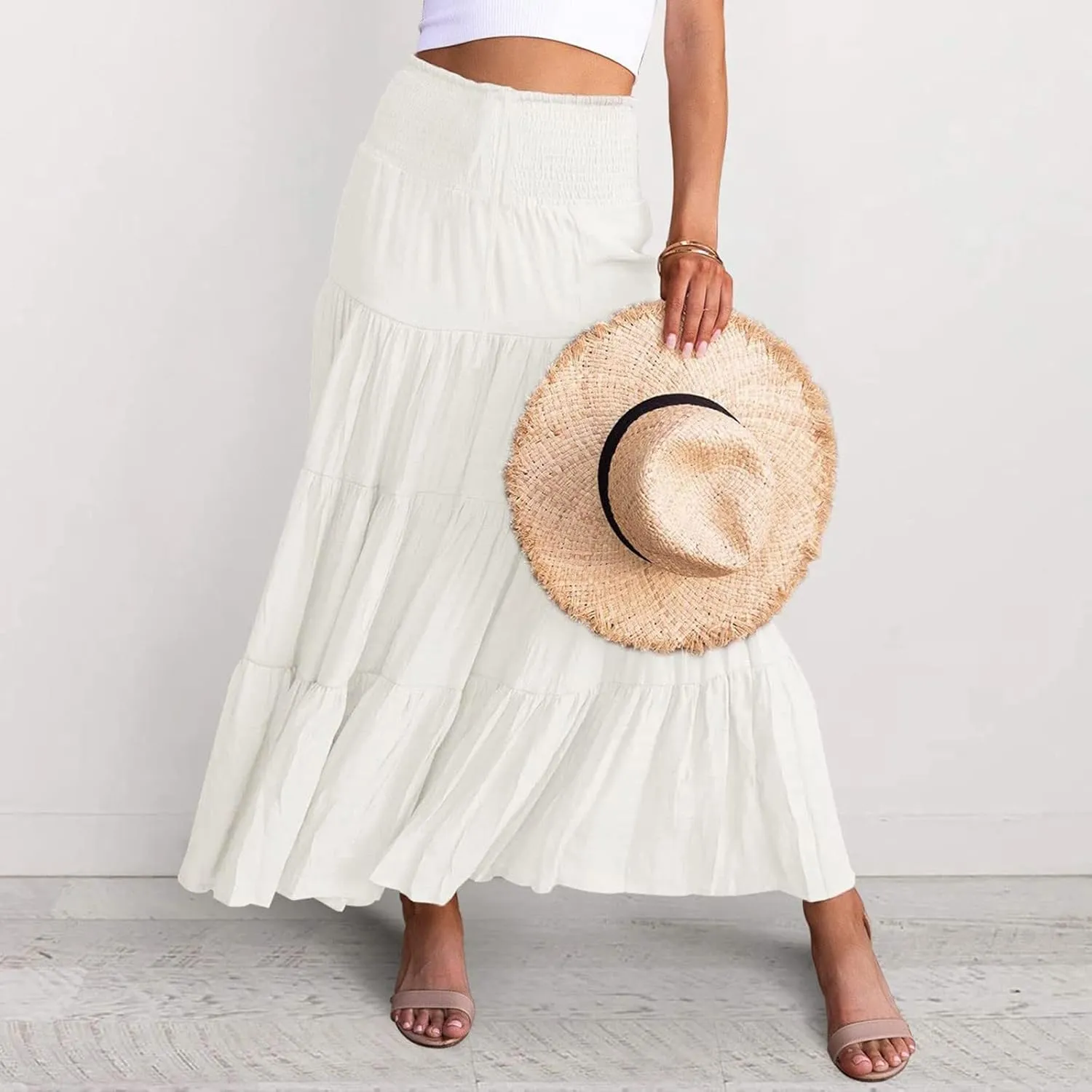 Flowy Maxi Skirt for Women Elastic High Waist Boho Pleated Long Skirts Summer Beach Tiered A-Line Skirts 2025 Trendy