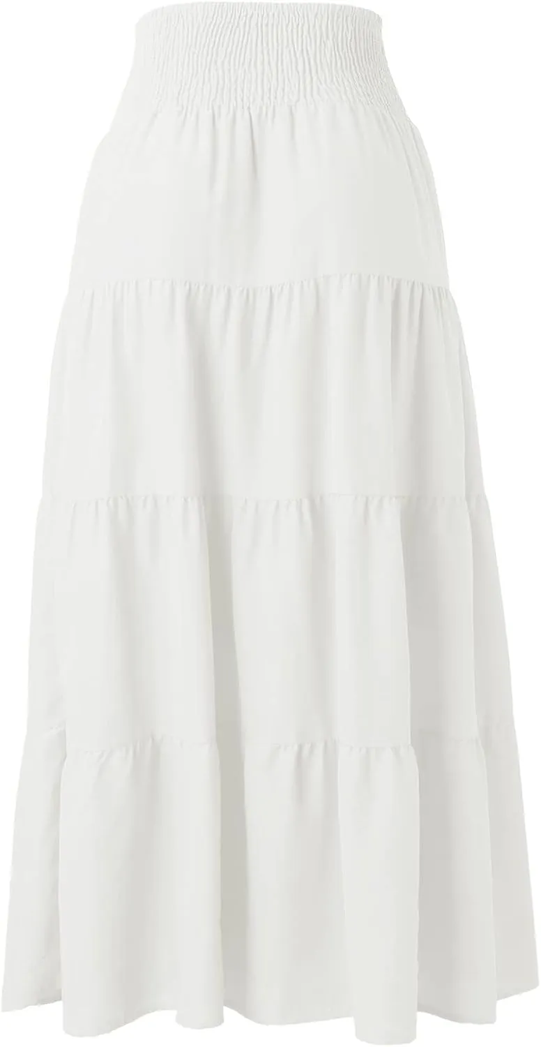Flowy Maxi Skirt for Women Elastic High Waist Boho Pleated Long Skirts Summer Beach Tiered A-Line Skirts 2025 Trendy