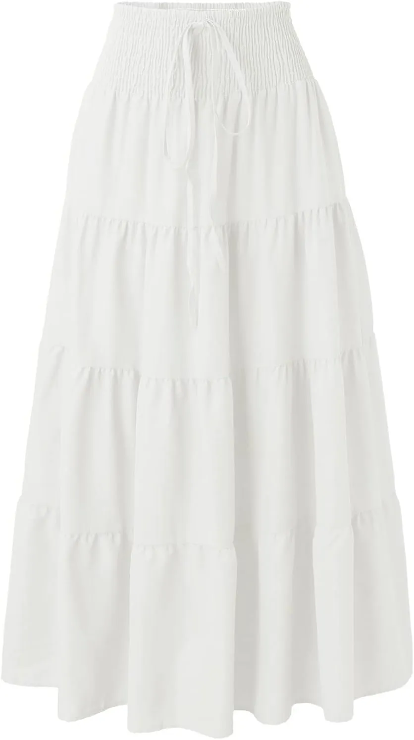 Flowy Maxi Skirt for Women Elastic High Waist Boho Pleated Long Skirts Summer Beach Tiered A-Line Skirts 2025 Trendy