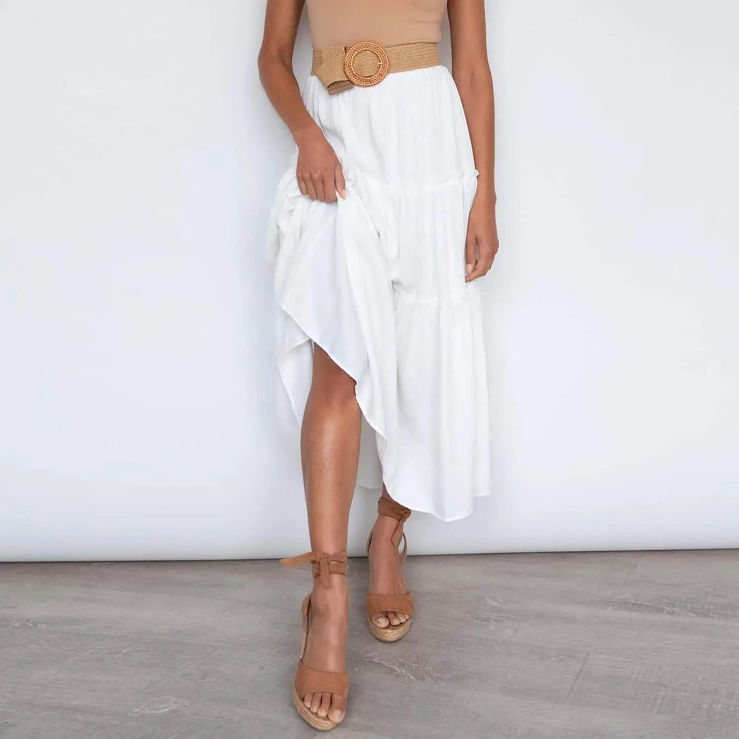 Flowy Maxi Skirt for Women Elastic High Waist Boho Pleated Long Skirts Summer Beach Tiered A-Line Skirts 2025 Trendy