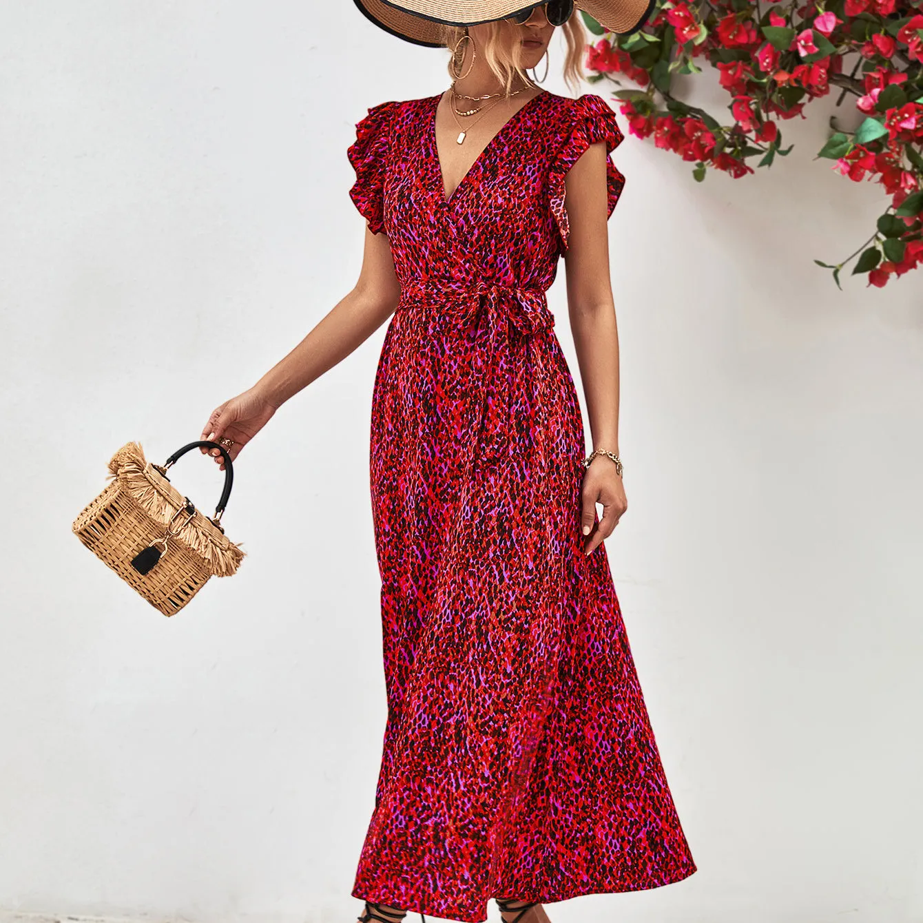 Flying Sleeve Temperament V-Neck Slit Print Slim Dress Wholesale Dresses