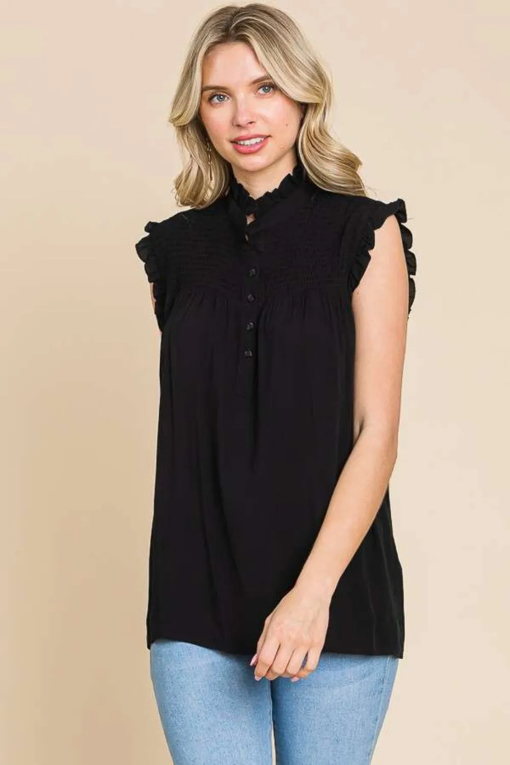 Frill Edge Smocked Sleeveless Top