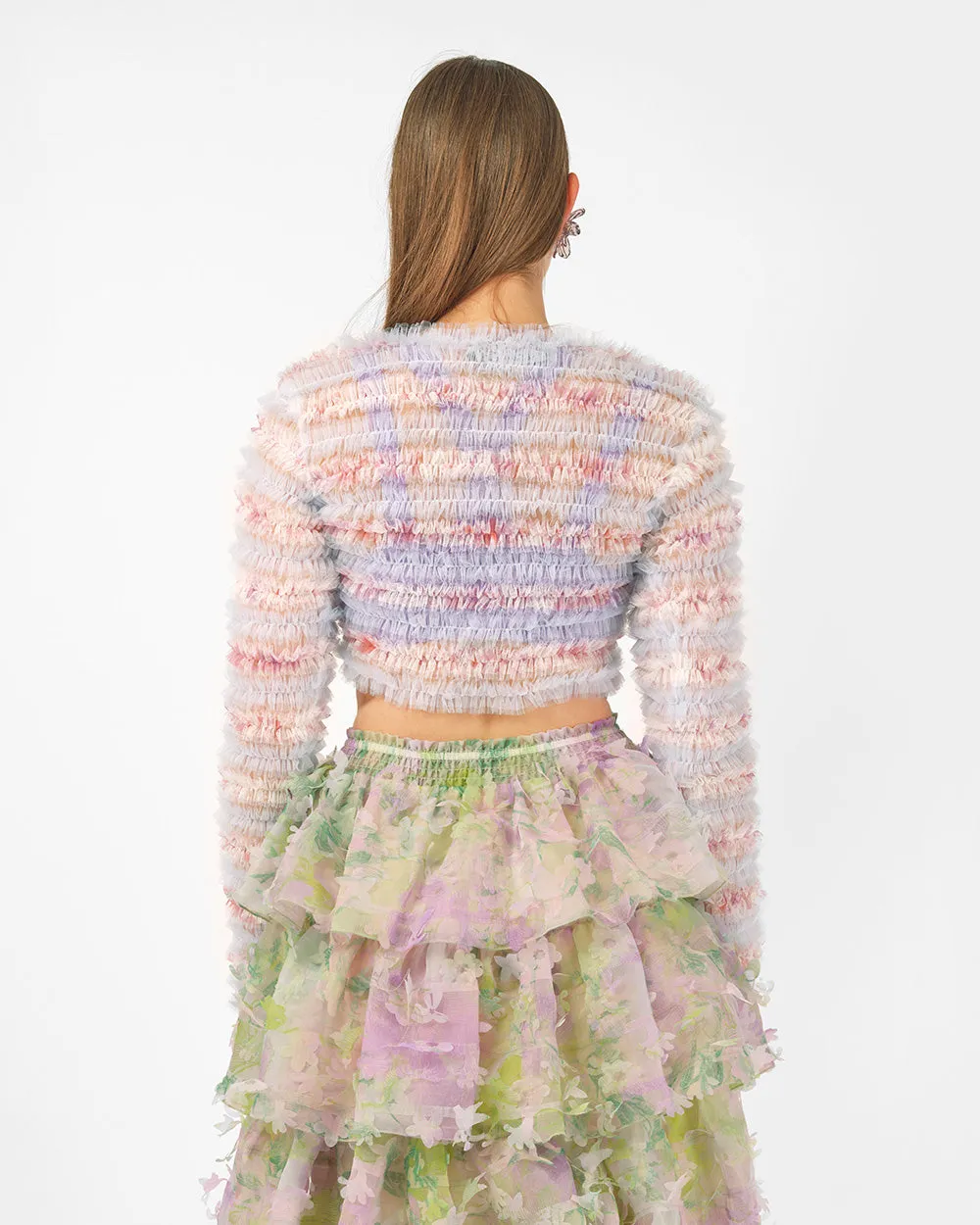 FRILLED SMOCKED CROP CARDIGAN