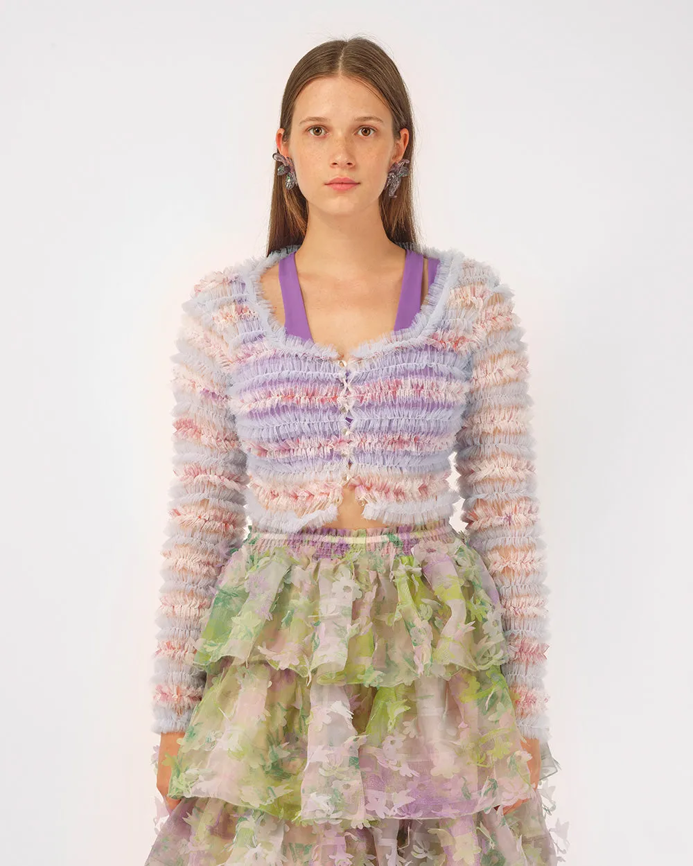 FRILLED SMOCKED CROP CARDIGAN