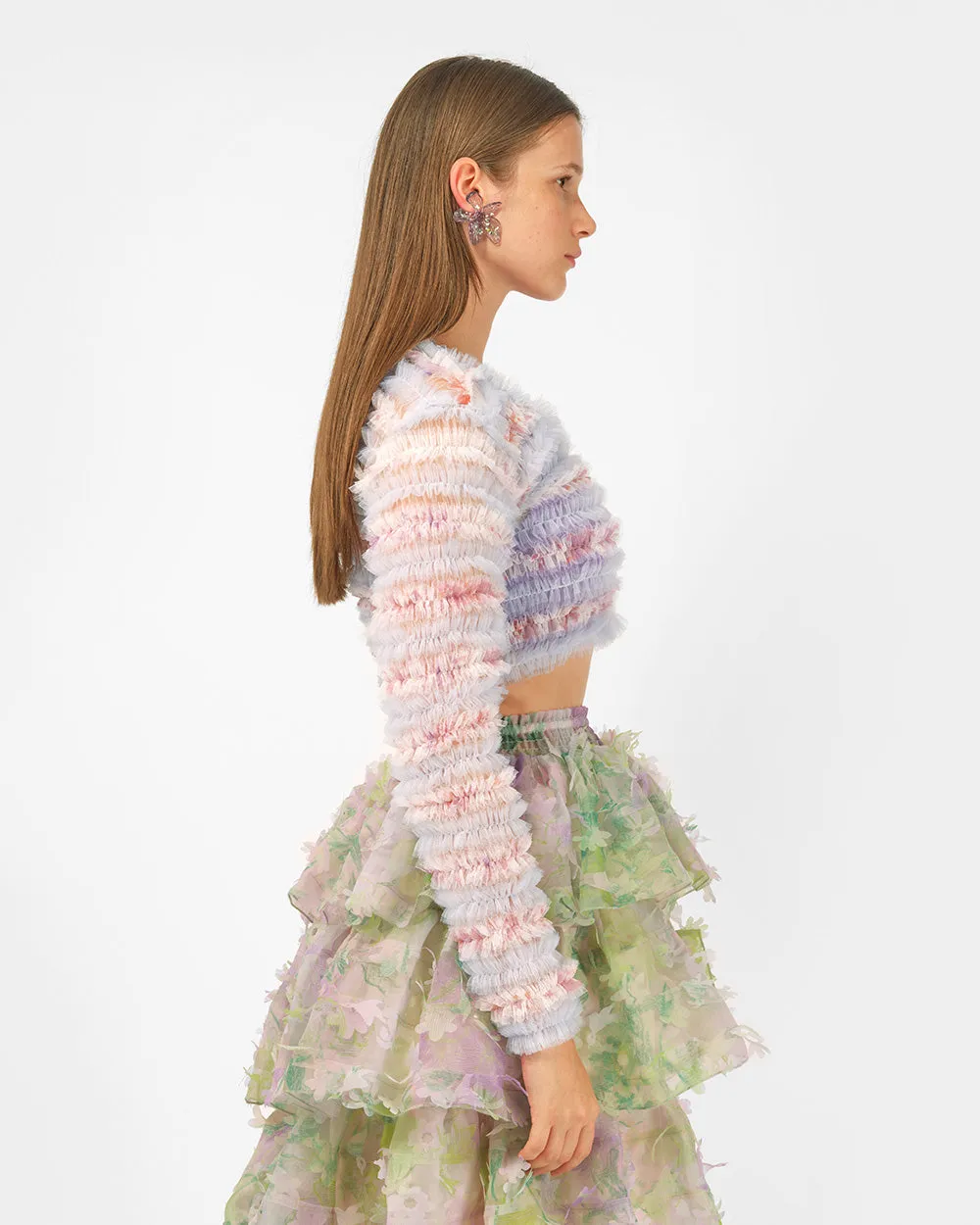 FRILLED SMOCKED CROP CARDIGAN