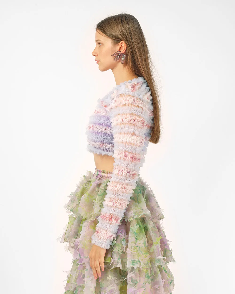 FRILLED SMOCKED CROP CARDIGAN
