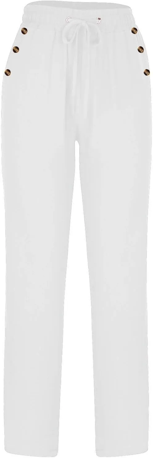 FZYLQY Ladies Linen Straight Leg Trousers High Rise Drawstring Button Pocket Pants Lightweight Slacks for Summer 2025