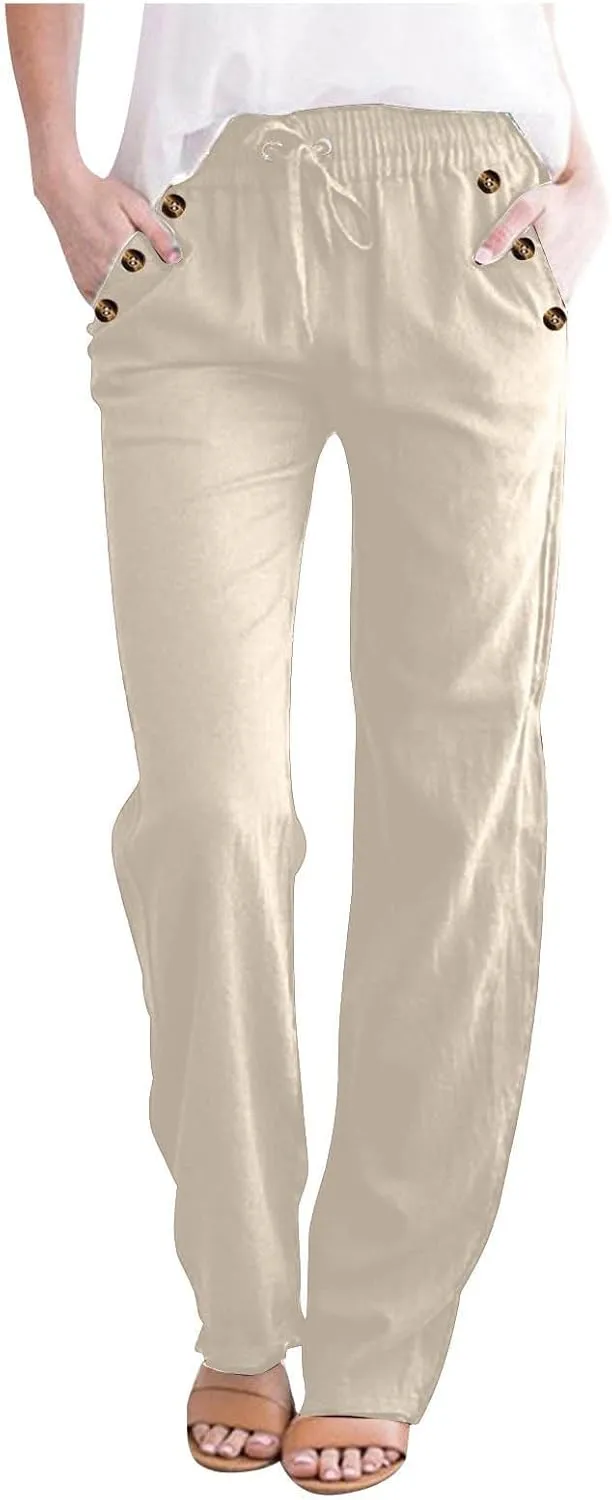 FZYLQY Ladies Linen Straight Leg Trousers High Rise Drawstring Button Pocket Pants Lightweight Slacks for Summer 2025