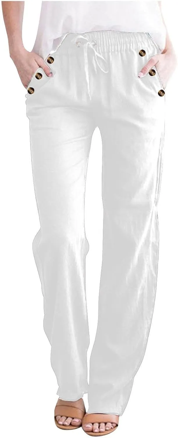 FZYLQY Ladies Linen Straight Leg Trousers High Rise Drawstring Button Pocket Pants Lightweight Slacks for Summer 2025
