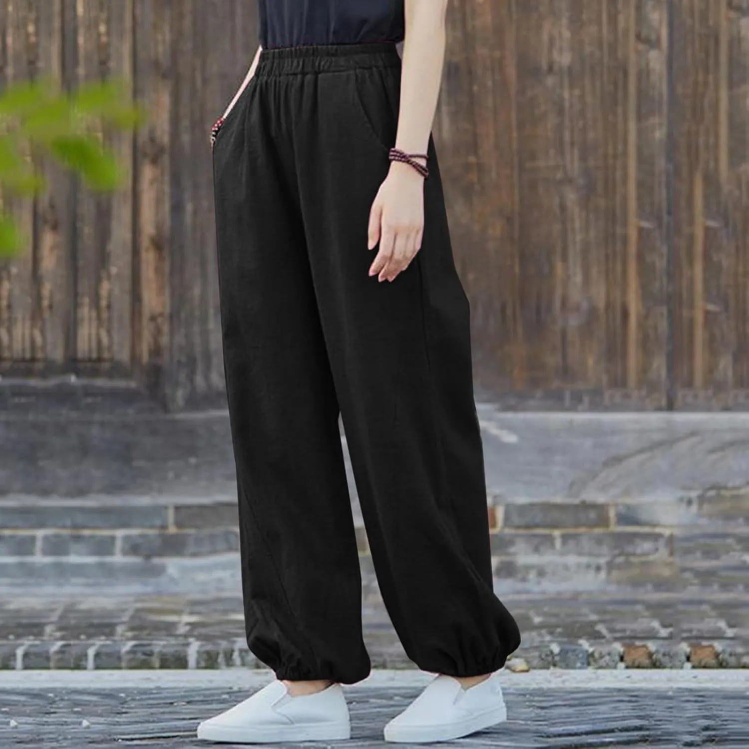 FZYLQY Women Casual Loose Linen Pants Straight Leg Elastic High Waist Parachute Pants Daily Hiking Workout Athletic Trousers