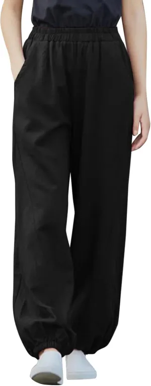 FZYLQY Women Casual Loose Linen Pants Straight Leg Elastic High Waist Parachute Pants Daily Hiking Workout Athletic Trousers