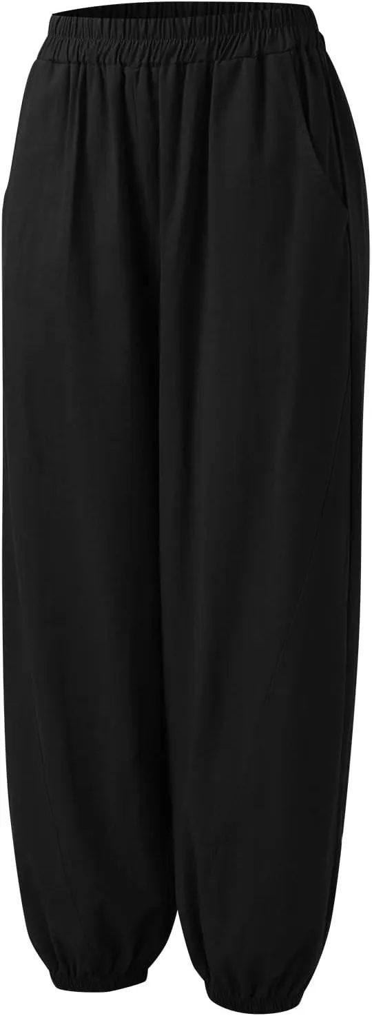 FZYLQY Women Casual Loose Linen Pants Straight Leg Elastic High Waist Parachute Pants Daily Hiking Workout Athletic Trousers