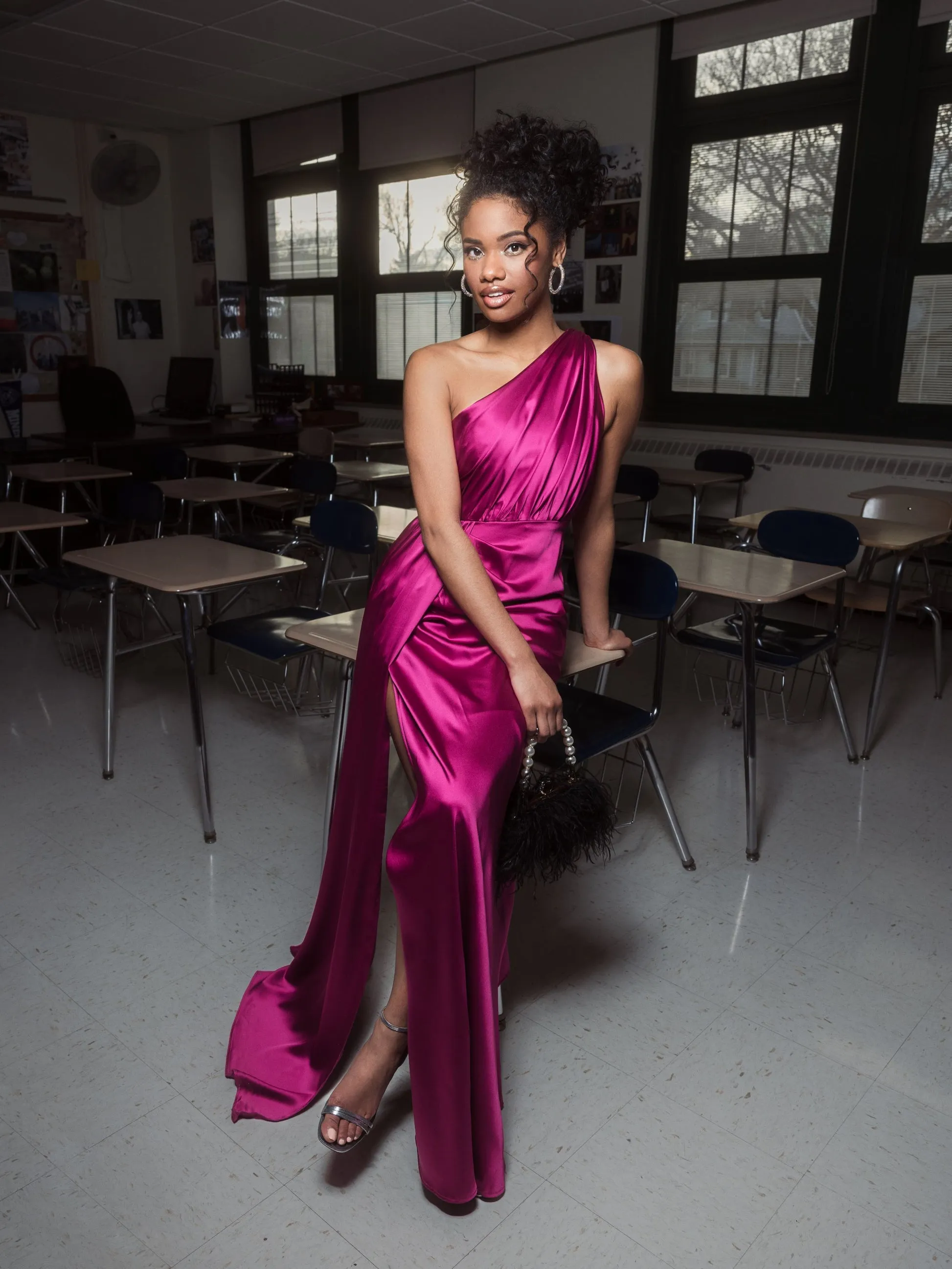 Gathered One Shoulder Satin Faux Wrap Gown - Berry