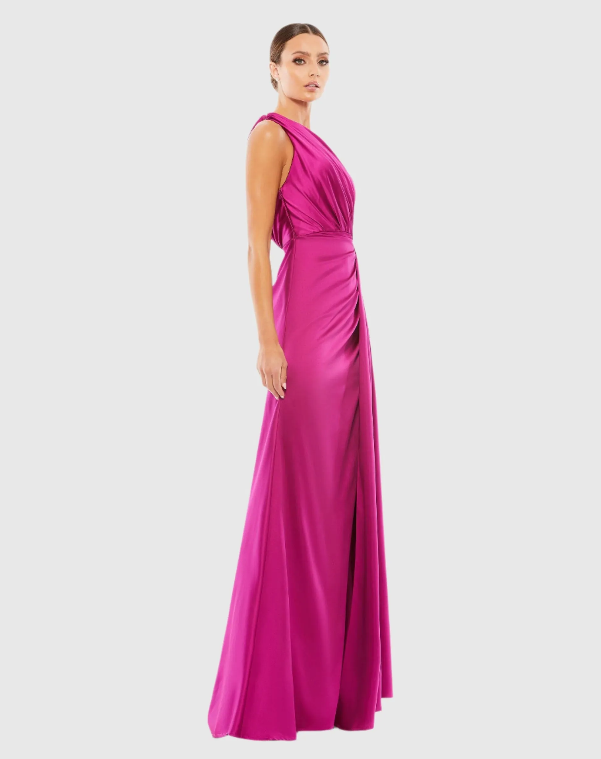 Gathered One Shoulder Satin Faux Wrap Gown - Berry