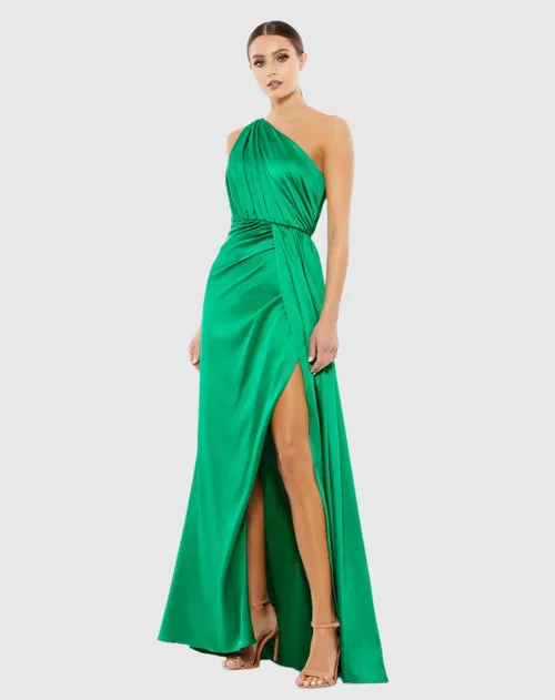 Gathered One Shoulder Satin Faux Wrap Gown - Berry