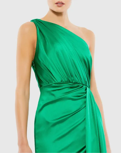 Gathered One Shoulder Satin Faux Wrap Gown - Berry