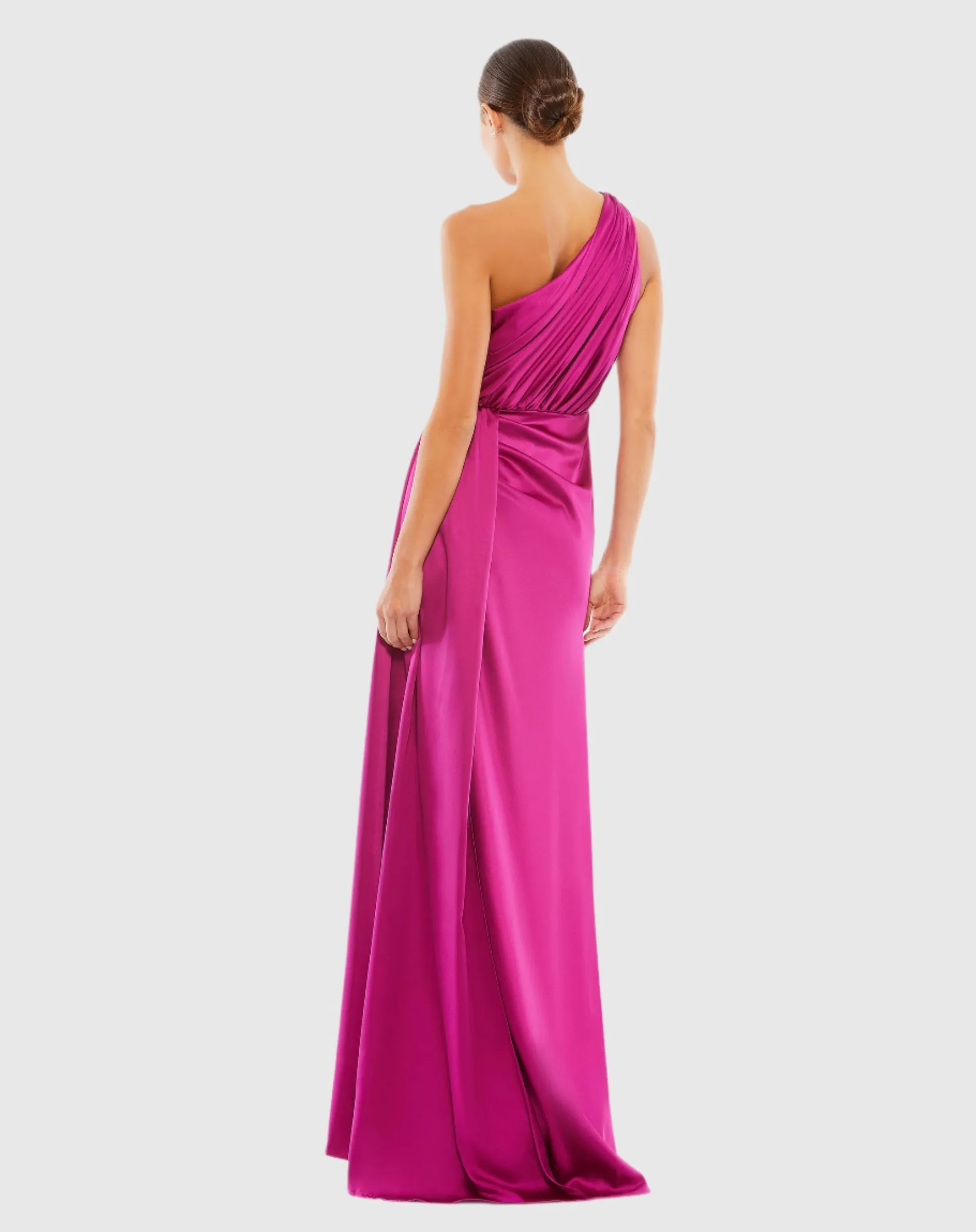 Gathered One Shoulder Satin Faux Wrap Gown - Berry