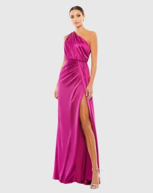 Gathered One Shoulder Satin Faux Wrap Gown - Berry