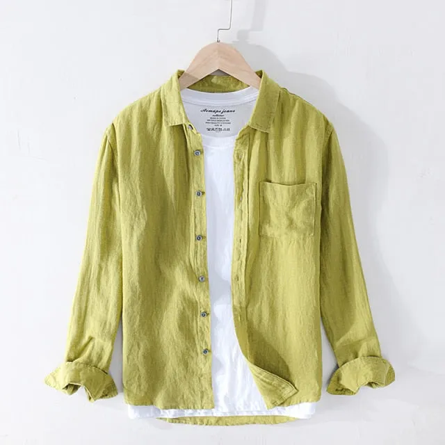 GbolsosPure Linen Shirts for Men Long Sleeve Casual Turn-down Collar Basic Classic Tops Male Fashion Solid Color Retro Clothing 2021