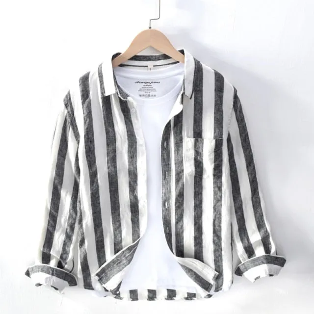 GbolsosPure Linen Shirts for Men Long Sleeve Casual Turn-down Collar Basic Classic Tops Male Fashion Solid Color Retro Clothing 2021