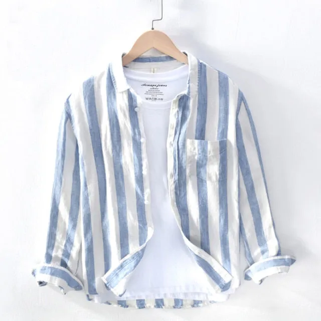 GbolsosPure Linen Shirts for Men Long Sleeve Casual Turn-down Collar Basic Classic Tops Male Fashion Solid Color Retro Clothing 2021
