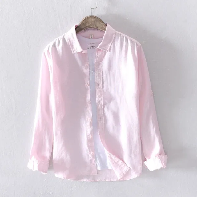 GbolsosPure Linen Shirts for Men Long Sleeve Casual Turn-down Collar Basic Classic Tops Male Fashion Solid Color Retro Clothing 2021