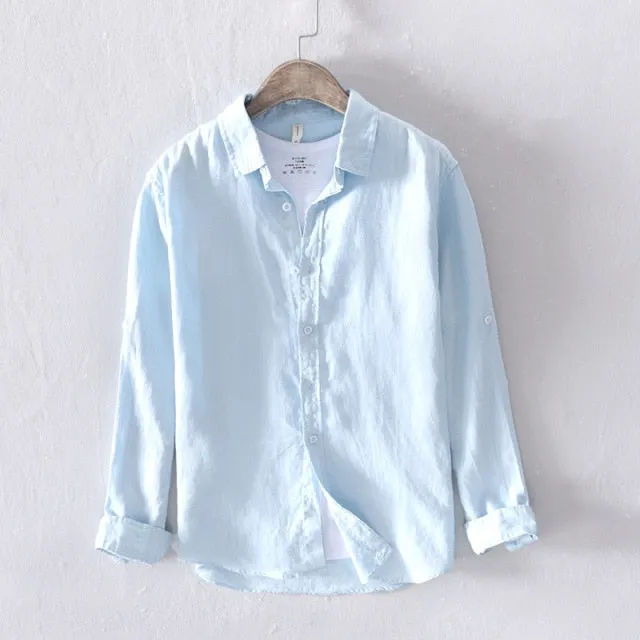 GbolsosPure Linen Shirts for Men Long Sleeve Casual Turn-down Collar Basic Classic Tops Male Fashion Solid Color Retro Clothing 2021