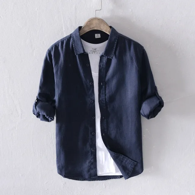 GbolsosPure Linen Shirts for Men Long Sleeve Casual Turn-down Collar Basic Classic Tops Male Fashion Solid Color Retro Clothing 2021