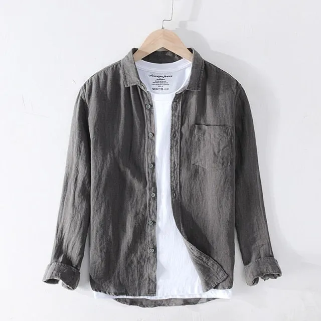 GbolsosPure Linen Shirts for Men Long Sleeve Casual Turn-down Collar Basic Classic Tops Male Fashion Solid Color Retro Clothing 2021