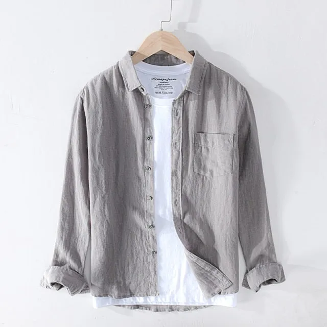 GbolsosPure Linen Shirts for Men Long Sleeve Casual Turn-down Collar Basic Classic Tops Male Fashion Solid Color Retro Clothing 2021