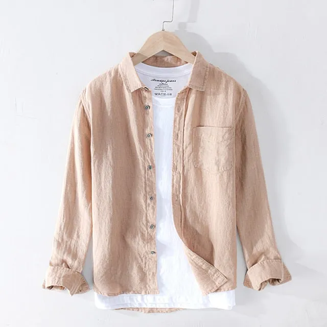 GbolsosPure Linen Shirts for Men Long Sleeve Casual Turn-down Collar Basic Classic Tops Male Fashion Solid Color Retro Clothing 2021