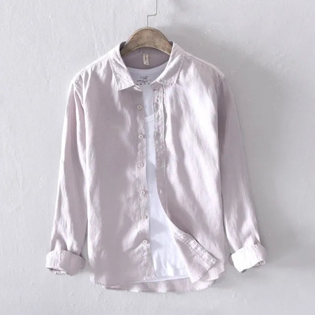 GbolsosPure Linen Shirts for Men Long Sleeve Casual Turn-down Collar Basic Classic Tops Male Fashion Solid Color Retro Clothing 2021