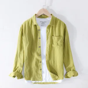 GbolsosPure Linen Shirts for Men Long Sleeve Casual Turn-down Collar Basic Classic Tops Male Fashion Solid Color Retro Clothing 2021