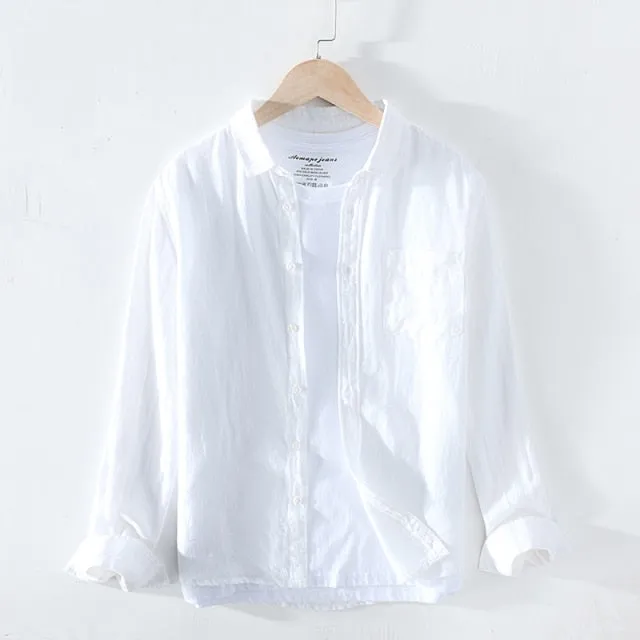 GbolsosPure Linen Shirts for Men Long Sleeve Casual Turn-down Collar Basic Classic Tops Male Fashion Solid Color Retro Clothing 2021
